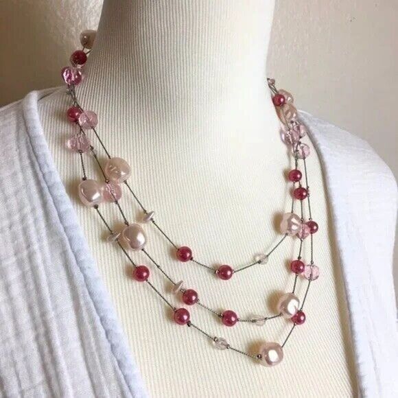 Beaded Rope Necklace Silver Pink Imitation Baroque Pearl Beads Long Wire Chain - Picture 1 of 5